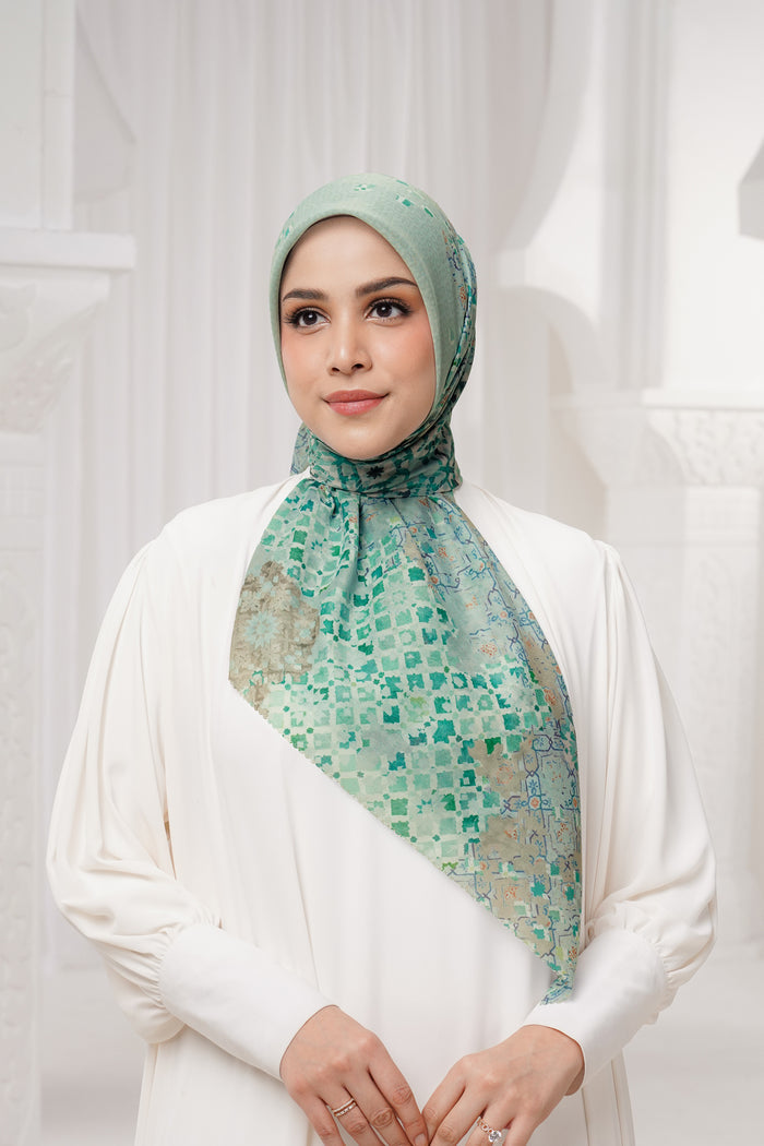 moroccan printed square scarf in jewel by buttonscarves front view
