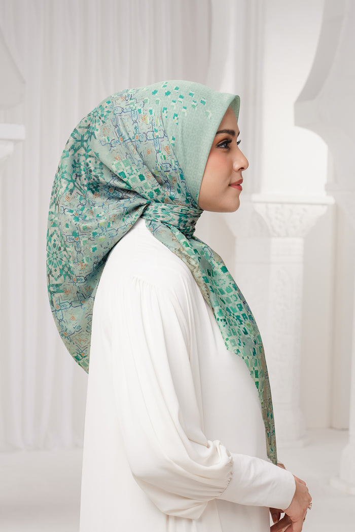 moroccan printed square scarf in jewel by buttonscarves side view