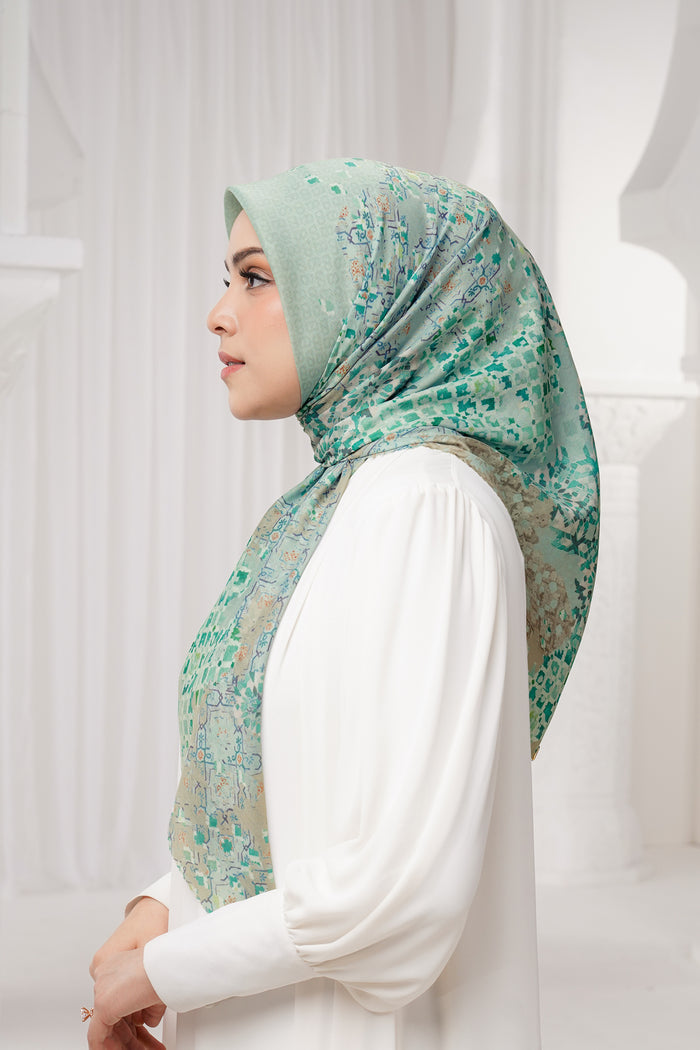 moroccan printed square scarf in jewel by buttonscarves side view