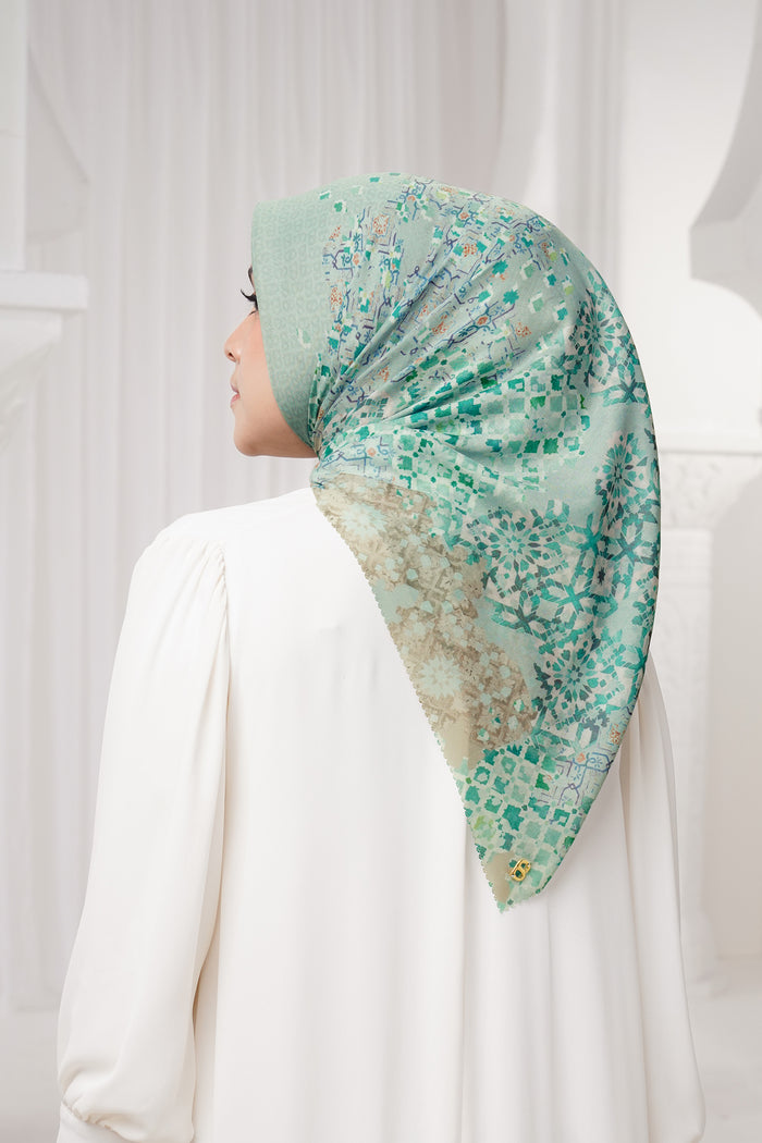 moroccan printed square scarf in jewel by buttonscarves back view