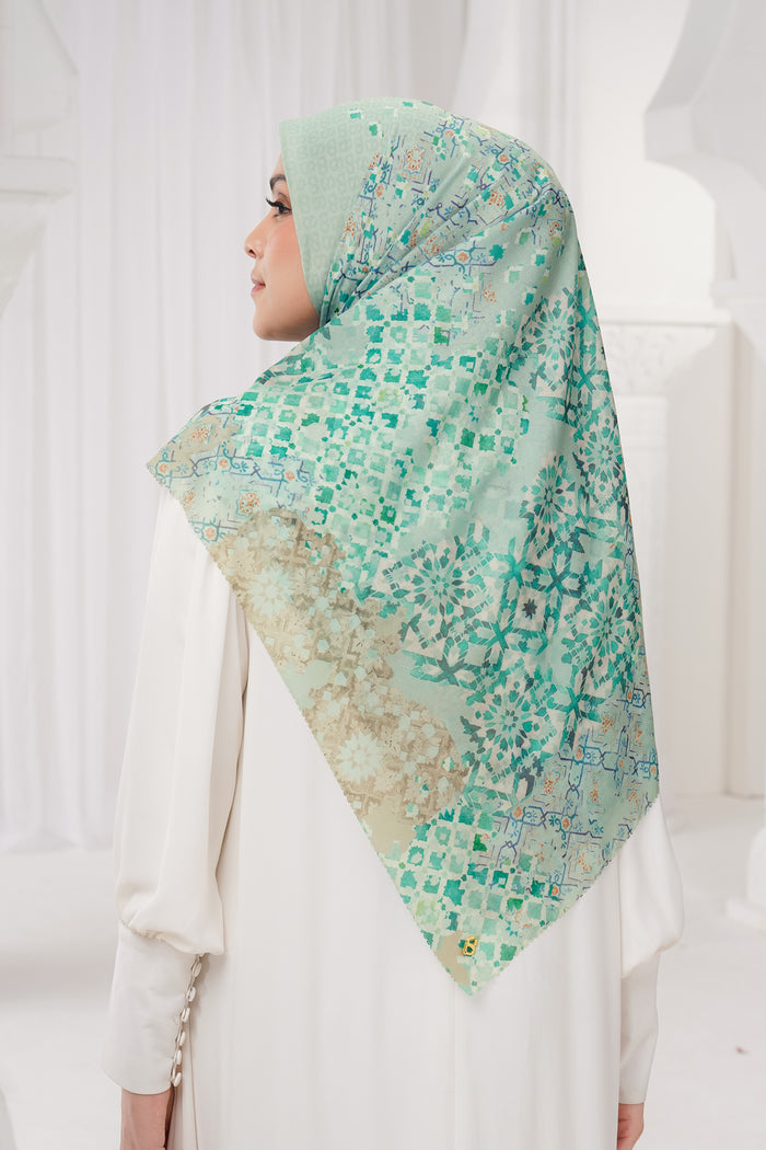 moroccan printed square scarf in jewel by buttonscarves back view