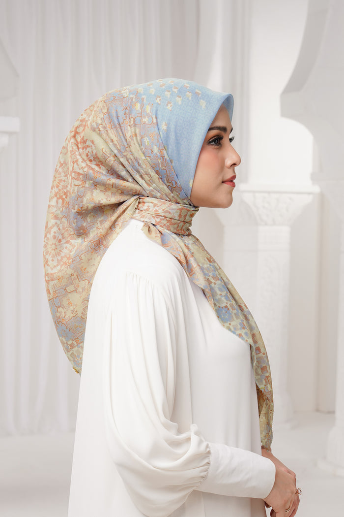 moroccan printed square scarf in oasis by buttonscarves side view
