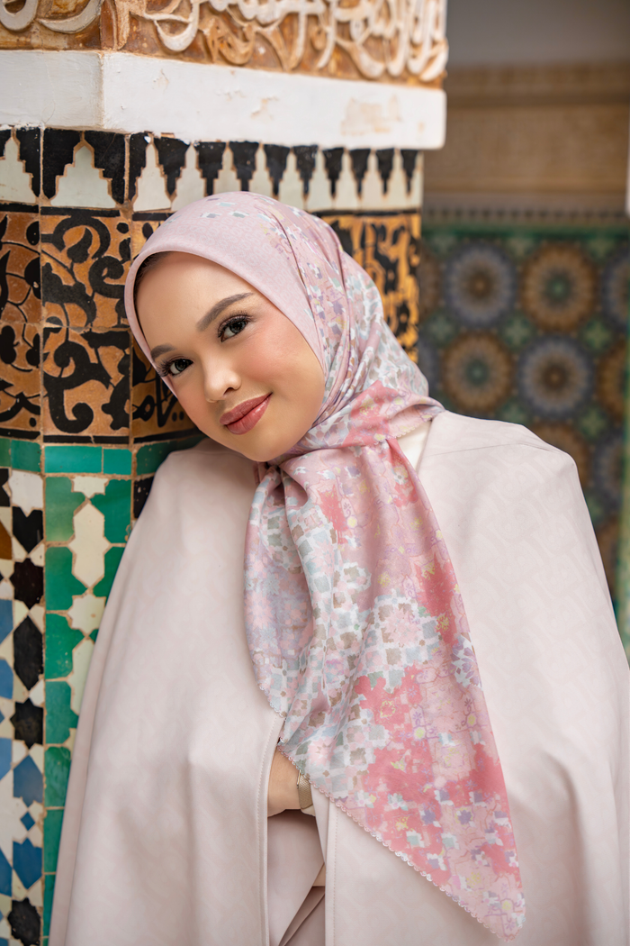 moroccan printed square scarf in rosewater by buttonscarves style look