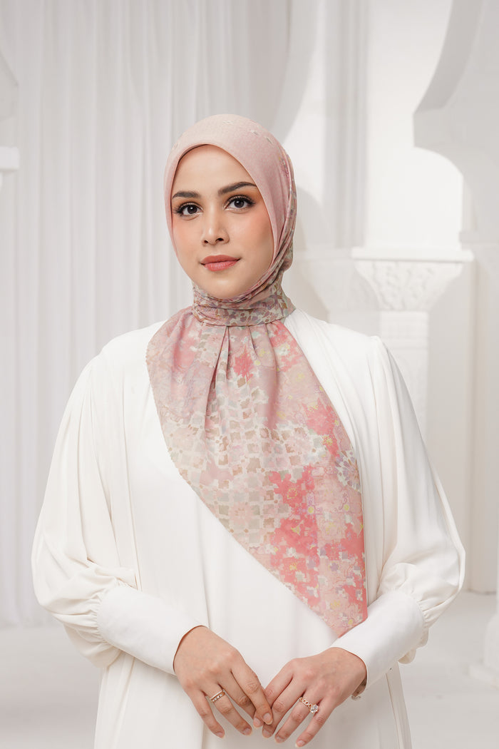 moroccan printed square scarf in rosewater by buttonscarves front view