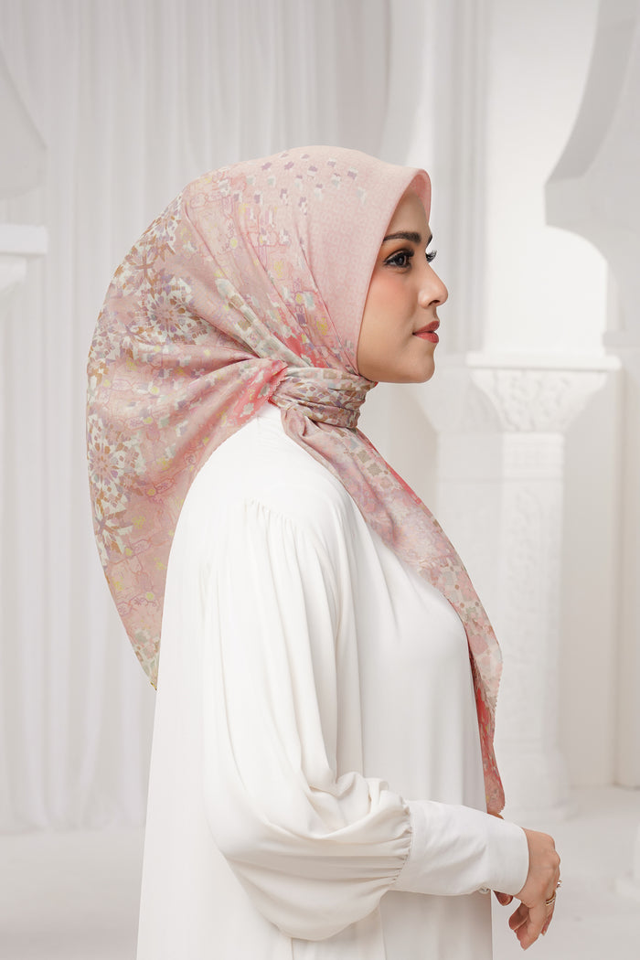 moroccan printed square scarf in rosewater by buttonscarves side view
