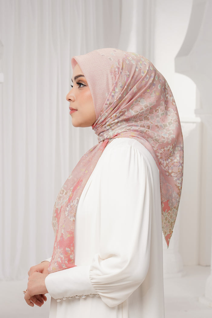 moroccan printed square scarf in rosewater by buttonscarves side view