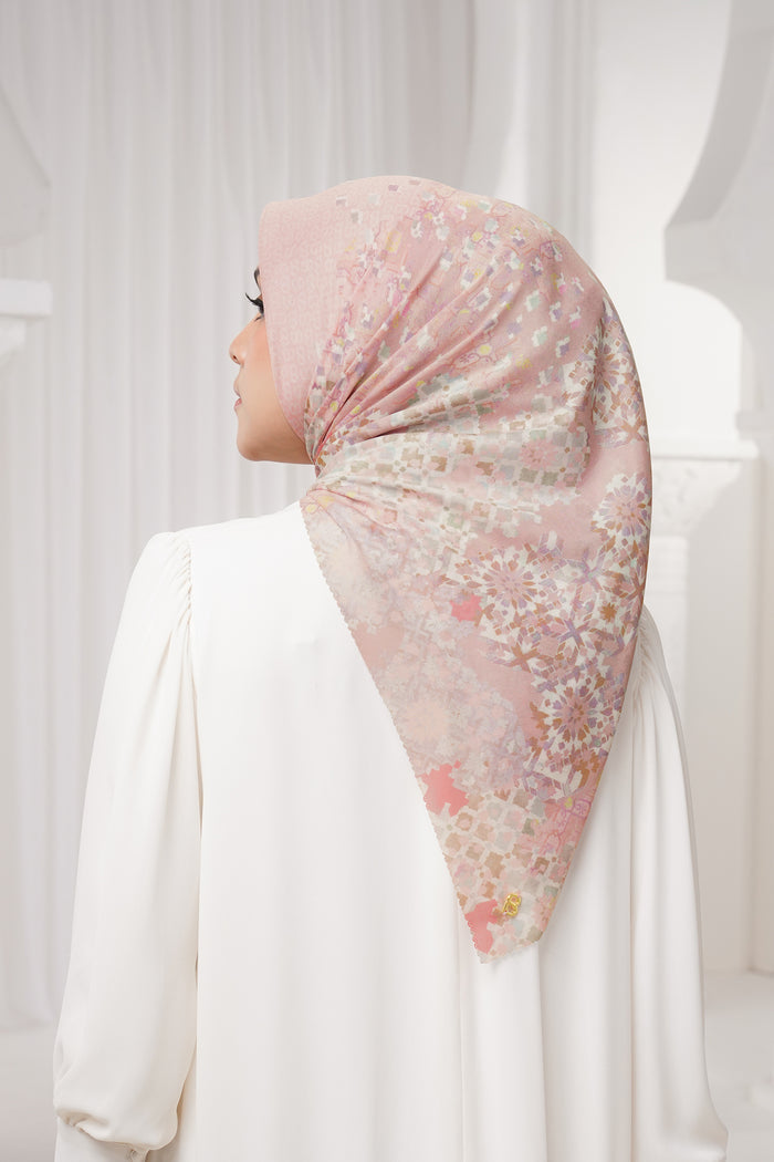 moroccan printed square scarf in rosewater by buttonscarves back view
