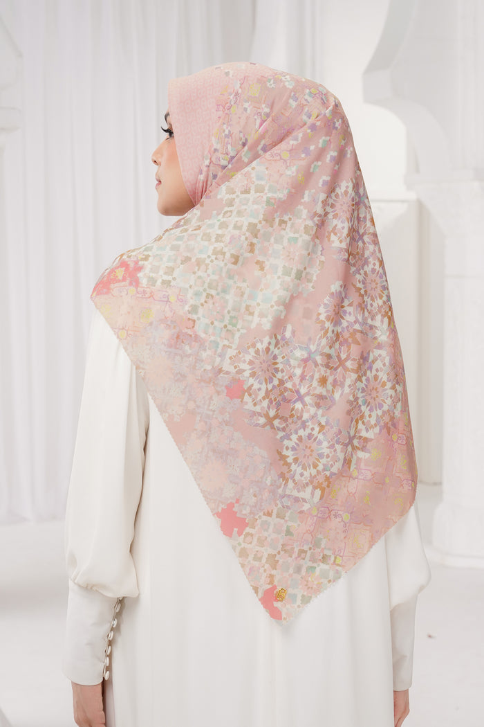 moroccan printed square scarf in rosewater by buttonscarves back view