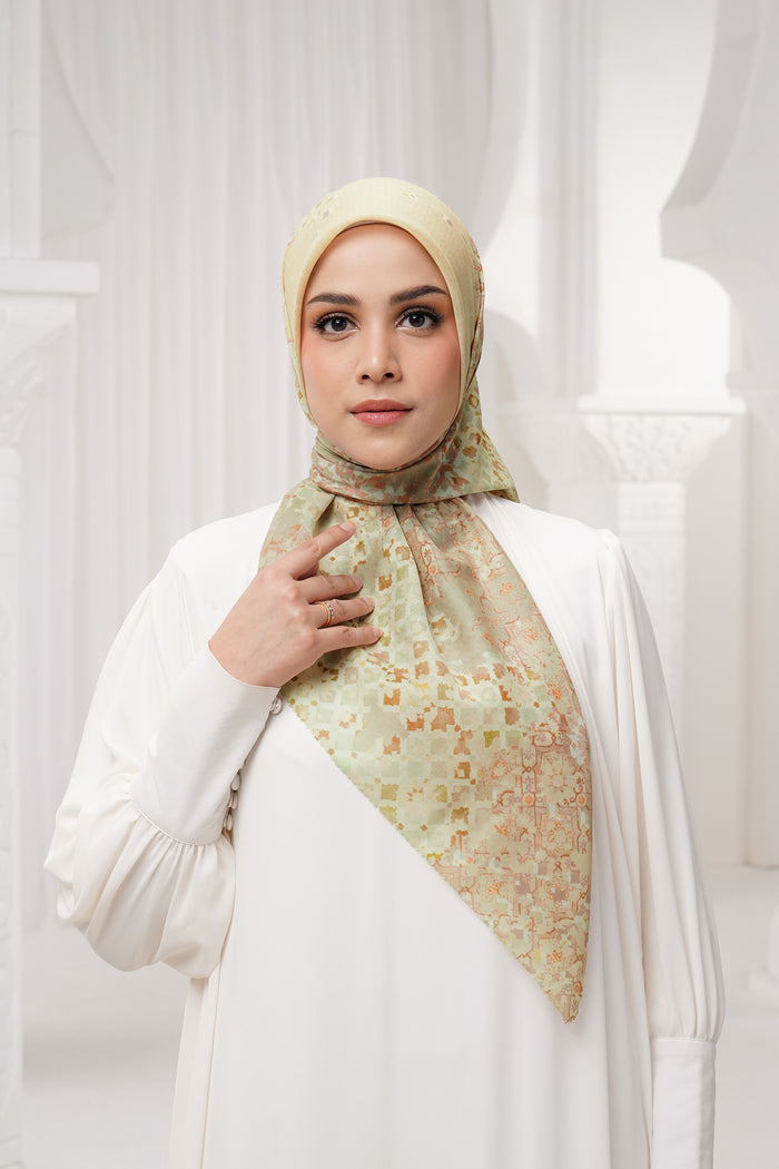 moroccan printed square scarf in wheat by buttonscarves front view