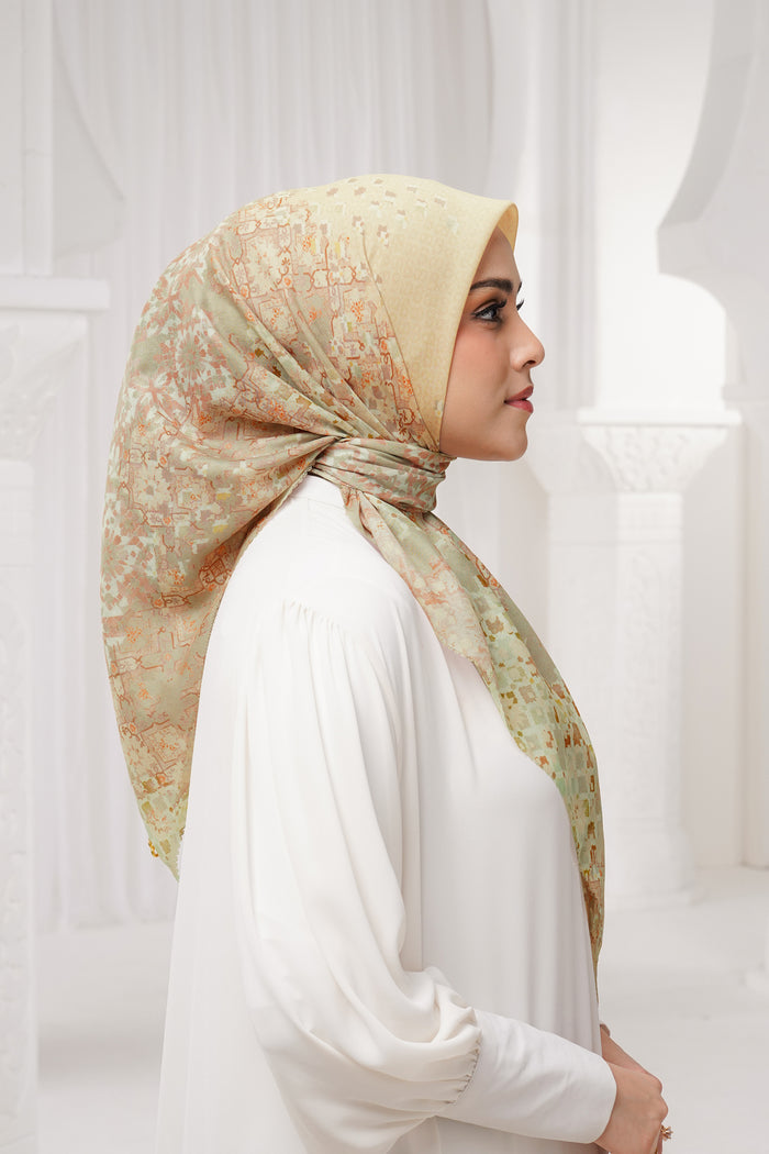 moroccan printed square scarf in wheat by buttonscarves side view