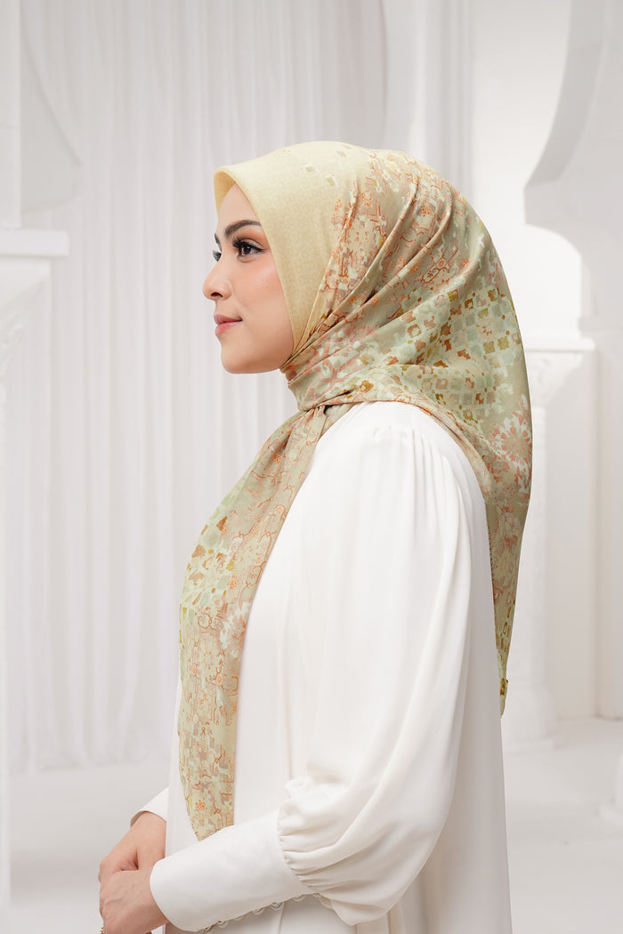 moroccan printed square scarf in wheat by buttonscarves side view