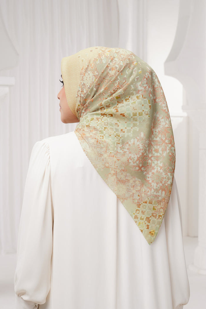 moroccan printed square scarf in wheat by buttonscarves back view