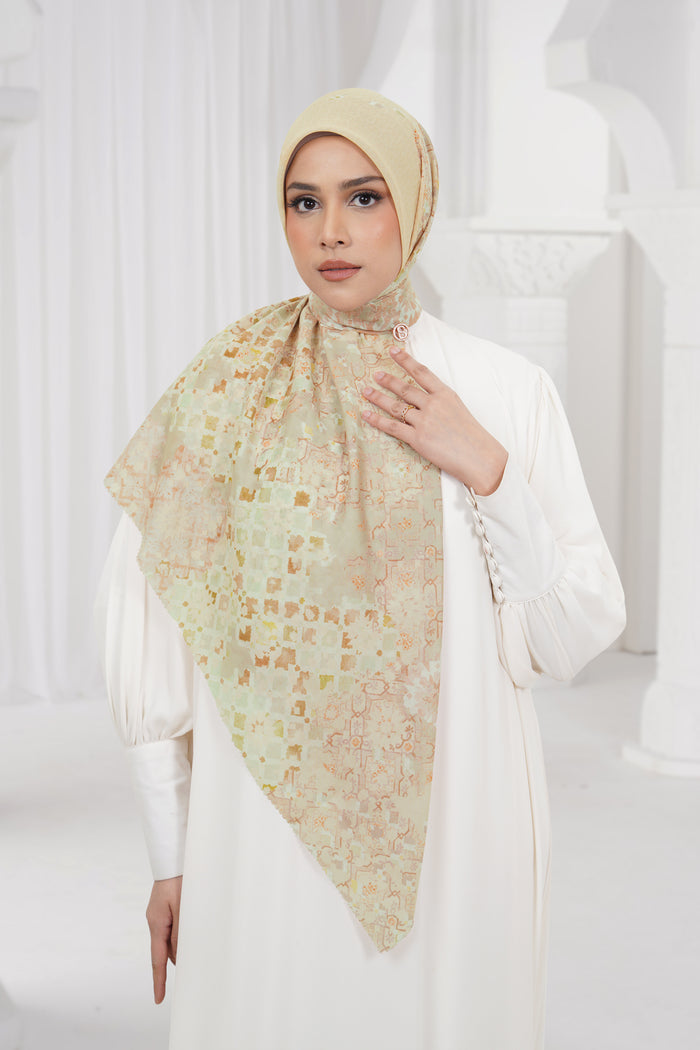 moroccan printed square scarf in wheat by buttonscarves style look