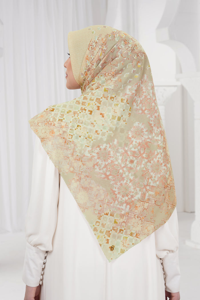 moroccan printed square scarf in wheat by buttonscarves back view