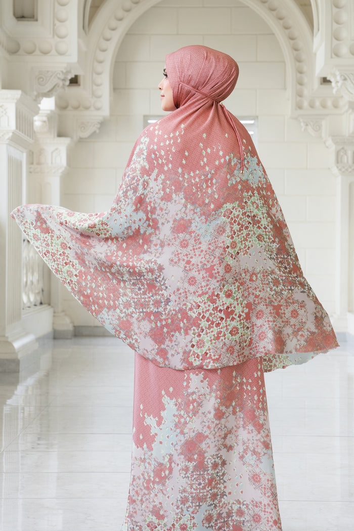 moroccan satin silk prayer robe in azalea by buttonscarves back view