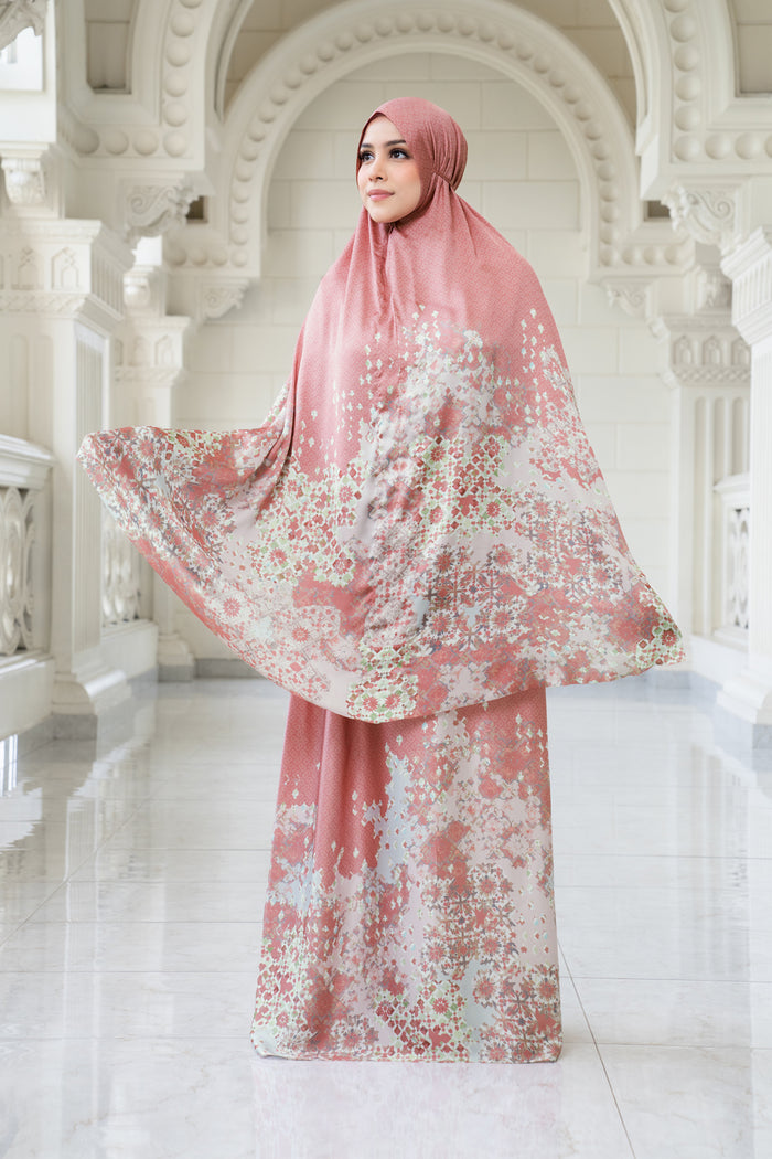 moroccan satin silk prayer robe in azalea by buttonscarves front view