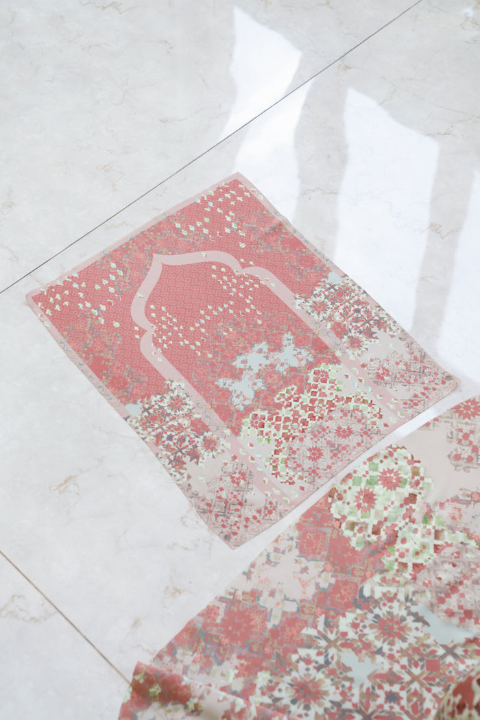 moroccan satin silk prayer robe in azalea by buttonscarves with a little mat