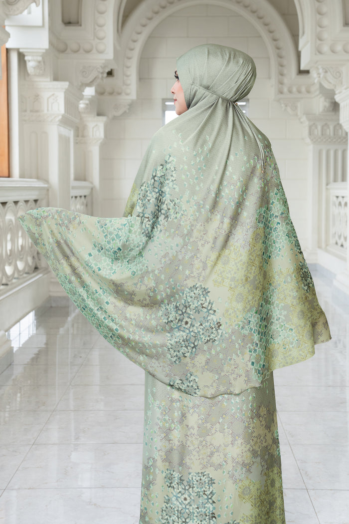 moroccan satin silk prayer robe in dune by buttonscarves back view