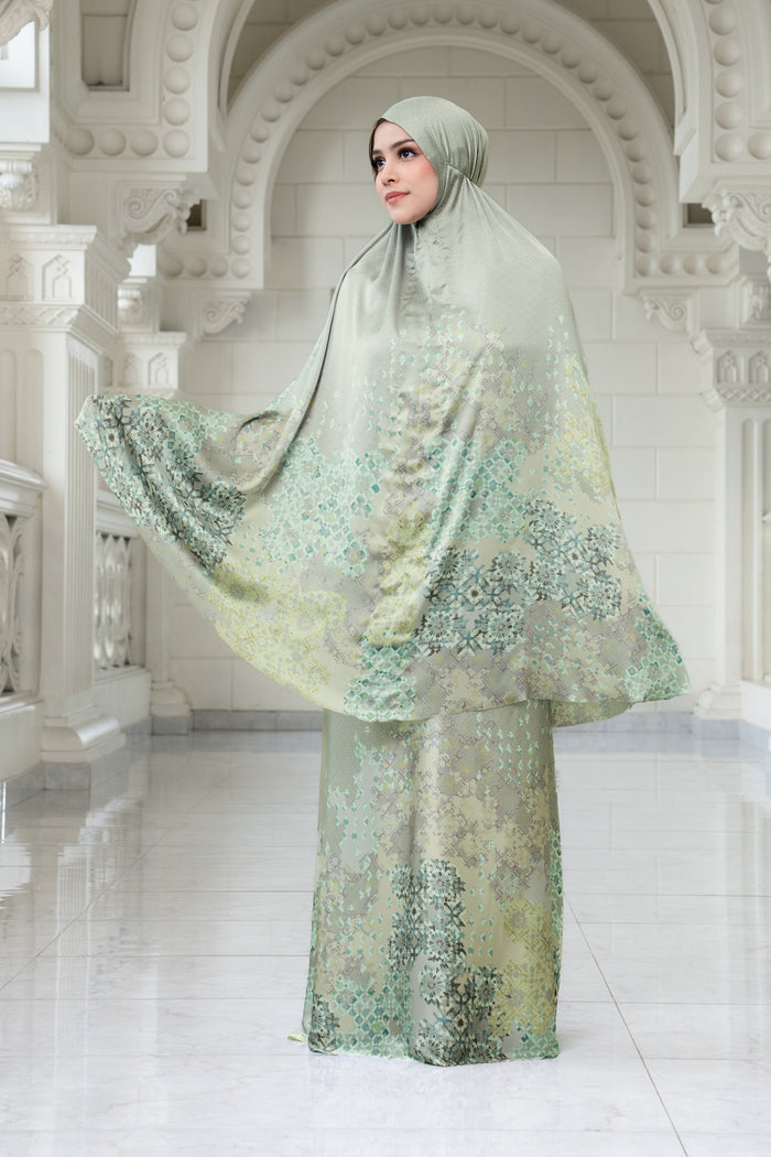 moroccan satin silk prayer robe in dune by buttonscarves front view