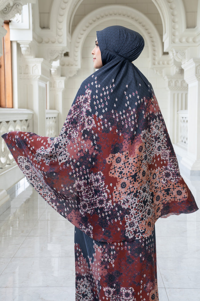 moroccan satin silk prayer robe in dusk by buttonscarves back view