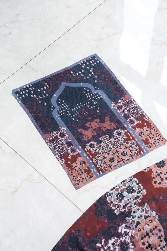 moroccan satin silk prayer robe in dusk by buttonscarves with a little mat