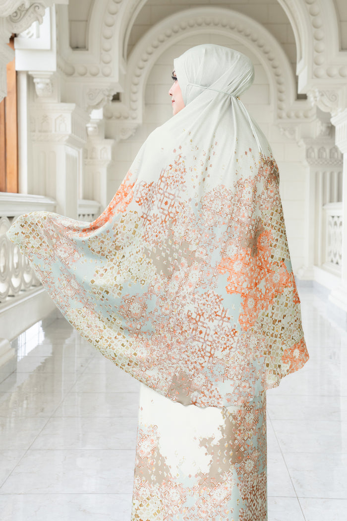 moroccan satin silk prayer robe in ivory by buttonscarves back view