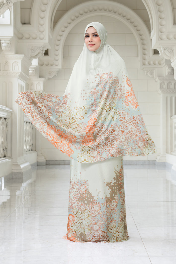 moroccan satin silk prayer robe in ivory by buttonscarves front view