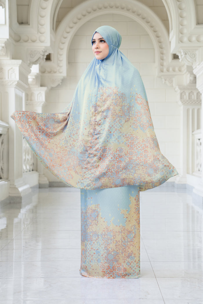 moroccan satin silk prayer robe in oasis by buttonscarves front view