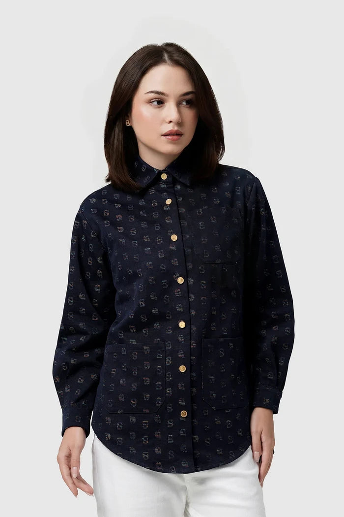 nagita denim shirt in navy by buttonscarves x nagita slavina front view