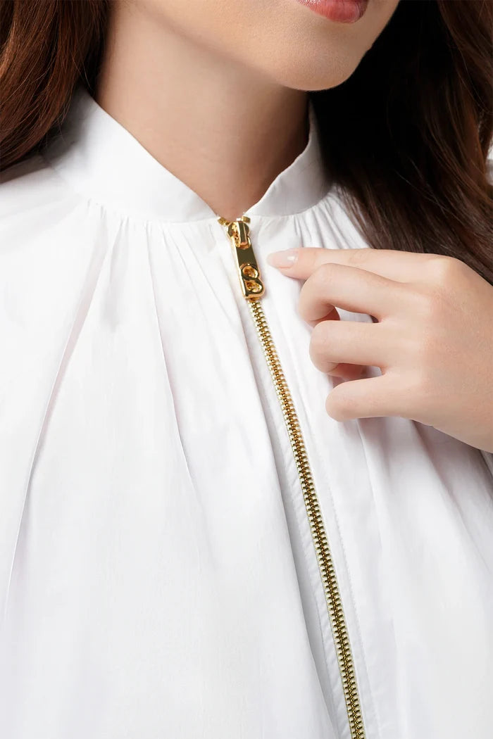 nagita embroidery jacket in white by buttonscarves x nagita slavina zip front detail