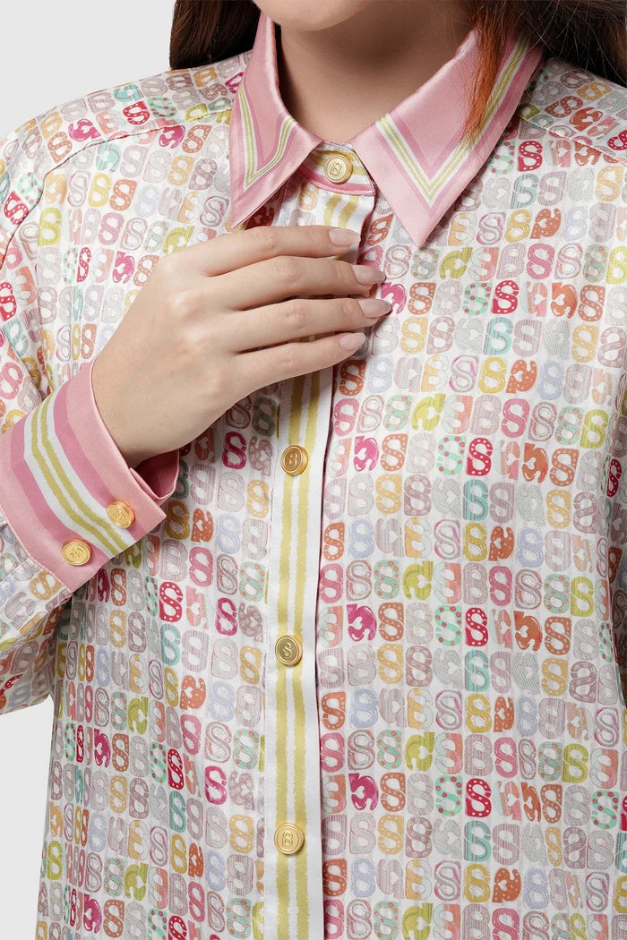 nagita oversized shirt in peach by buttonscarves x nagita slavina monogram pattern detail