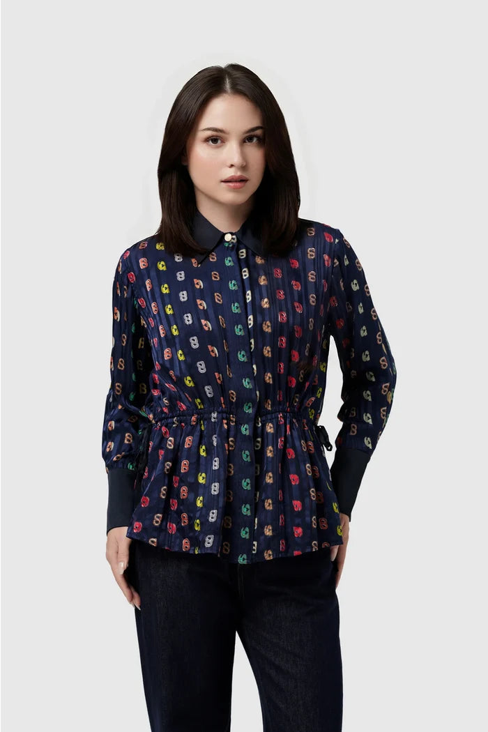 nagita silk shirt in navy by buttonscarves x nagita slavina front view