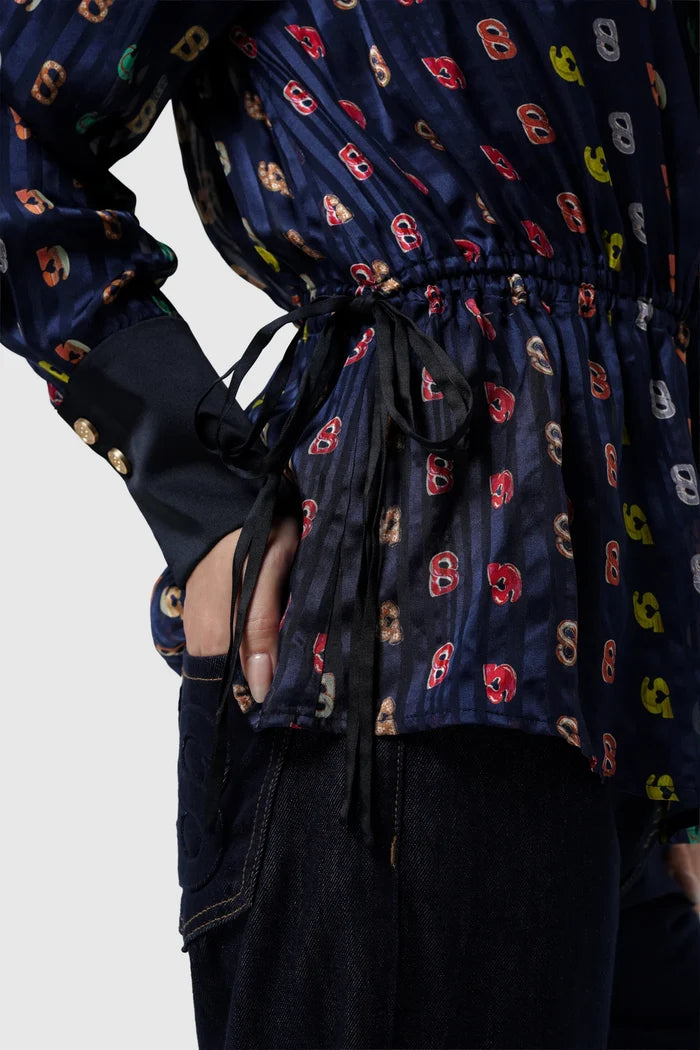 nagita silk shirt in navy by buttonscarves x nagita slavina pattern adjustable waist detail