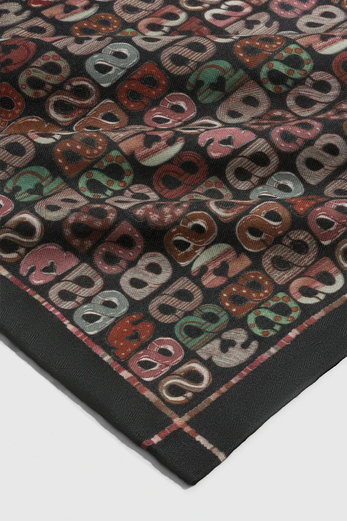 nagita wool scarf in espresso by buttonscarves x nagita slavina monogram pattern detail
