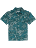 Teal short-sleeve shirt with white sea creature and coral print, front view.
