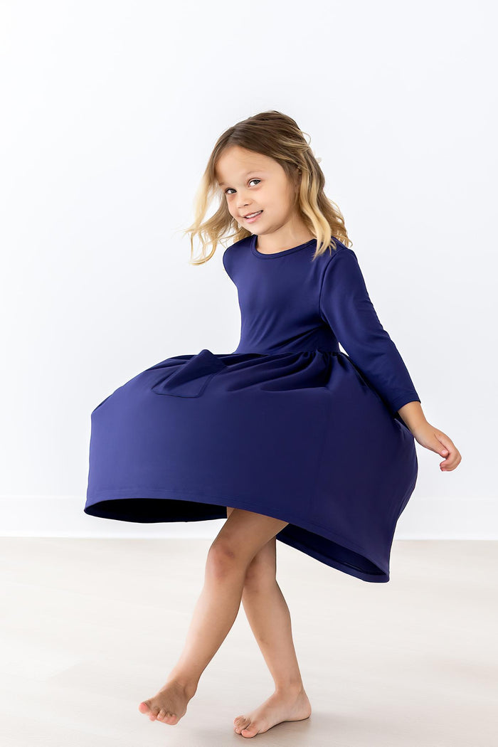 Navy 3/4 Sleeve Pocket Twirl Dress-Mila & Rose ®
