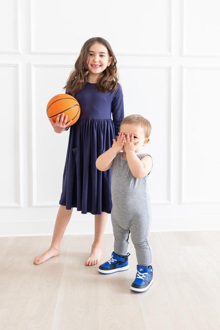 Navy 3/4 Sleeve Pocket Twirl Dress-Mila & Rose ®
