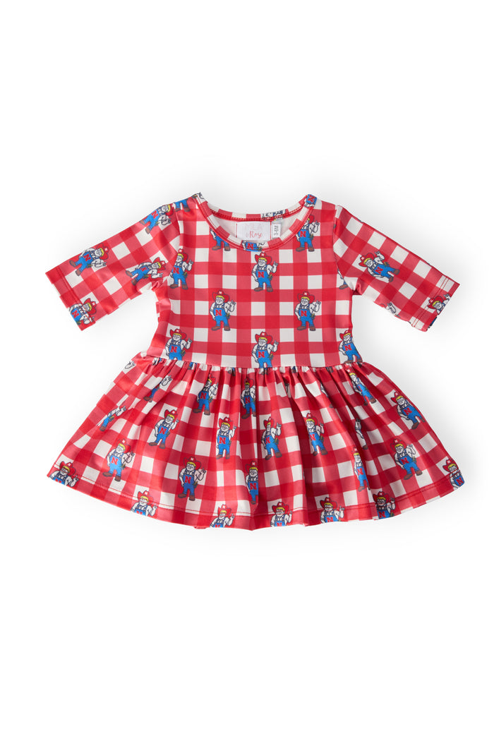 (S) Nebraska Plaid Herbie Husker 3/4 Sleeve Twirl Bodysuit-Mila & Rose ®
