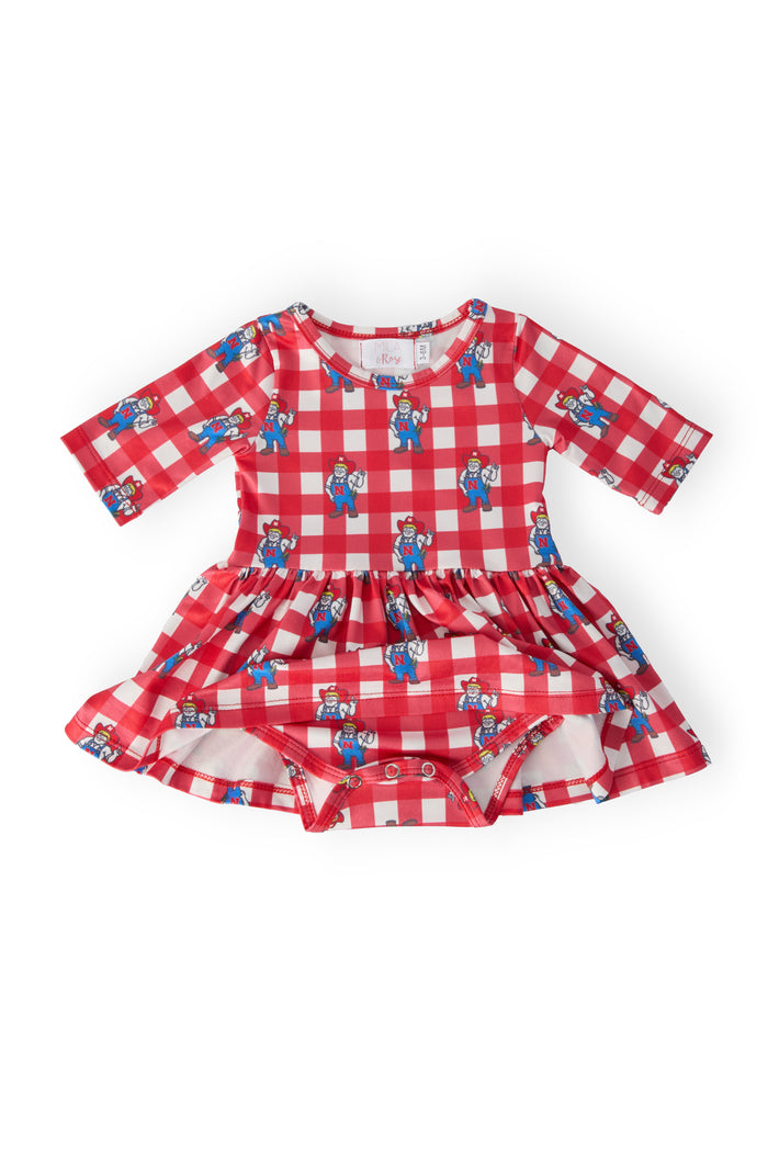 (S) Nebraska Plaid Herbie Husker 3/4 Sleeve Twirl Bodysuit-Mila & Rose ®
