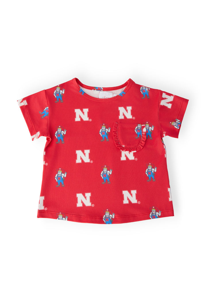 (S) Nebraska Red Herbie Husker Ruffle Pocket Tee-Mila & Rose ®
