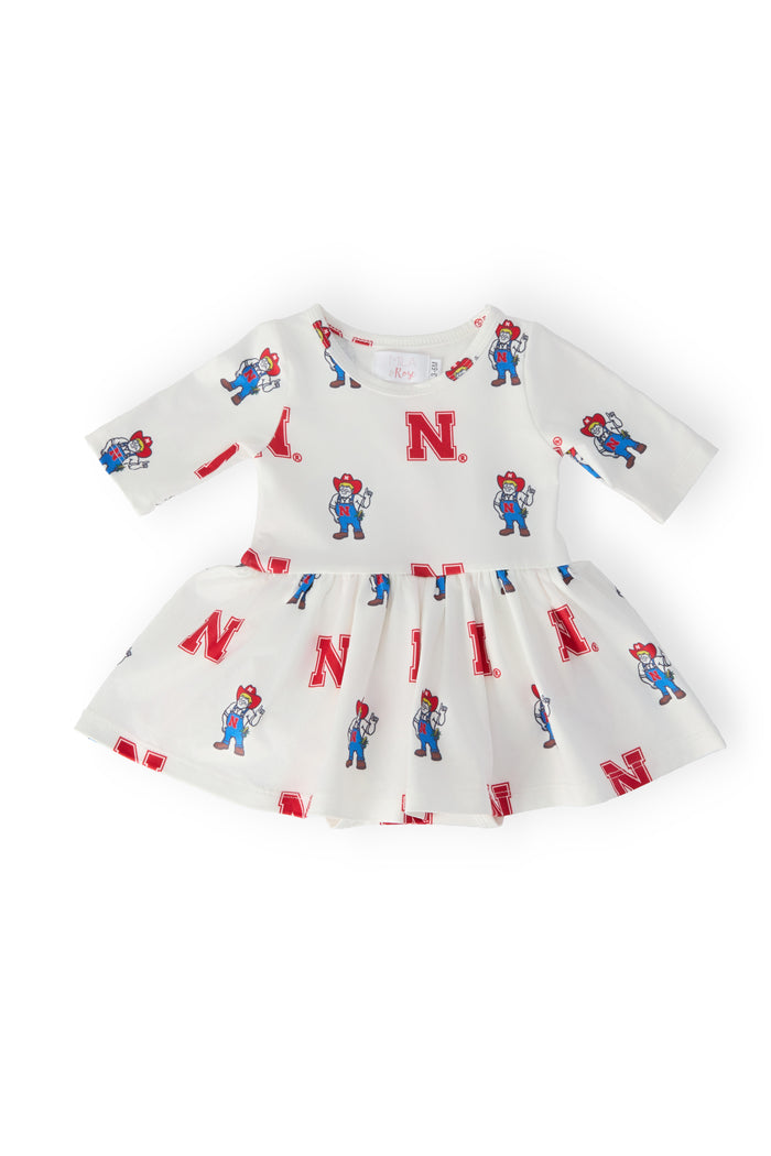 (S) Nebraska White Herbie Husker 3/4 Sleeve Twirl Bodysuit-Mila & Rose ®