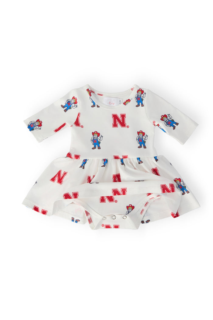 (S) Nebraska White Herbie Husker 3/4 Sleeve Twirl Bodysuit-Mila & Rose ®