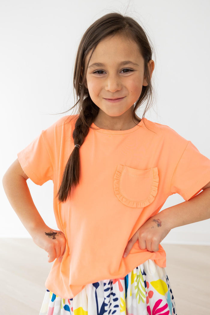Neon Coral Ruffle Pocket Tee-Mila & Rose ®