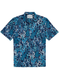 Blue and teal coral and leaf print cotton lawn shirt, standard front view.