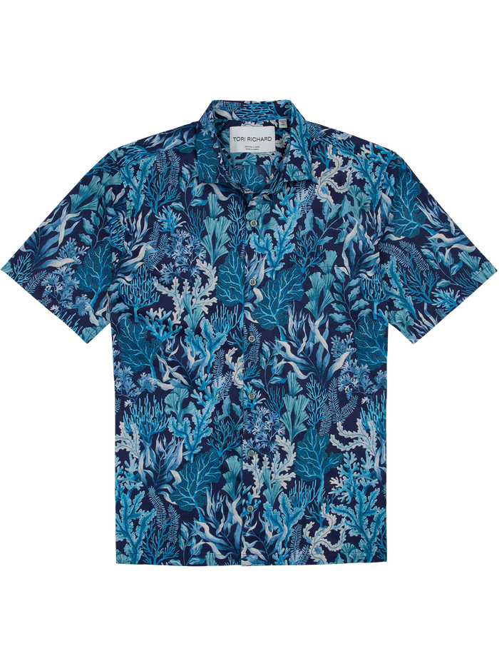 Blue and teal coral and leaf print cotton lawn shirt, standard front view.