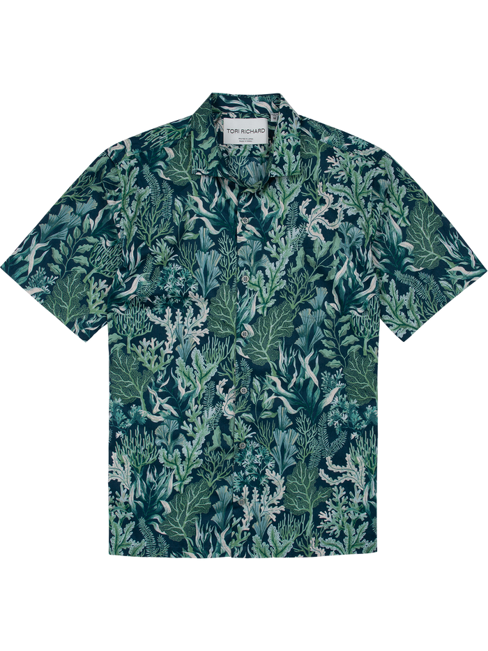 Green and blue coral print short-sleeve cotton shirt, front view.