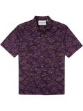 Purple fish-print short-sleeve button-up shirt in lightweight fabric, front view (shown in Images 1 & 2).