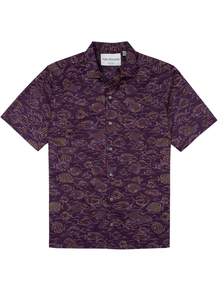 Purple fish-print short-sleeve button-up shirt in lightweight fabric, front view (shown in Images 1 & 2).