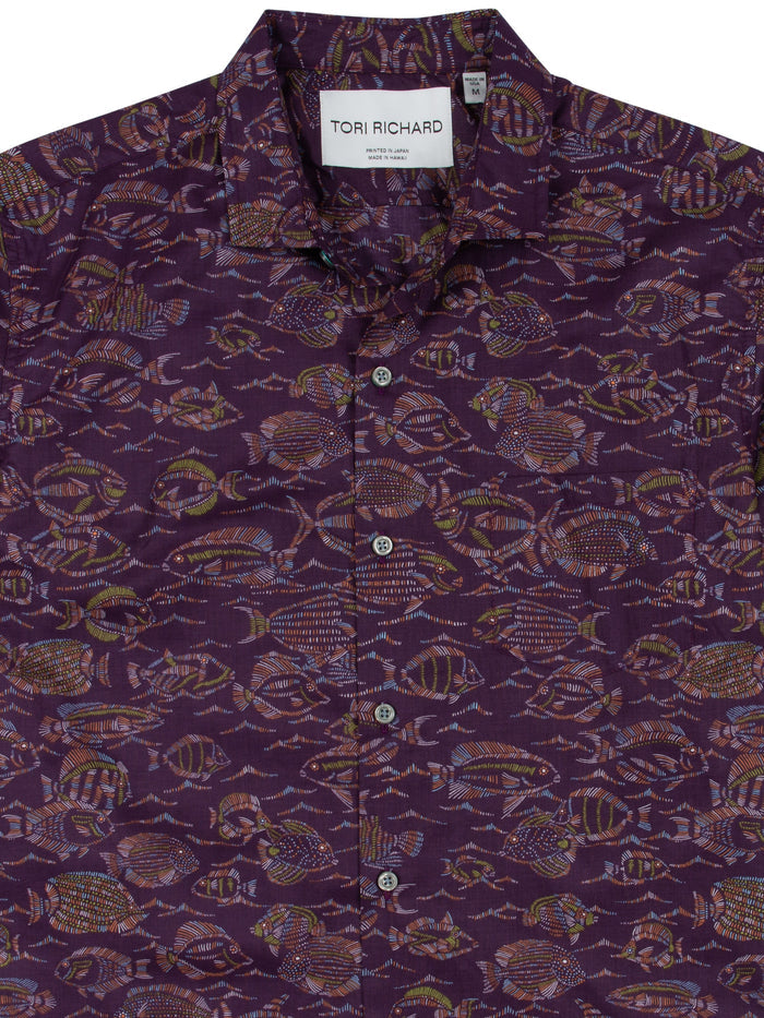 Purple tropical fish-print cotton lawn shirt, short sleeves, front view (shown in Images 1 and 2).
