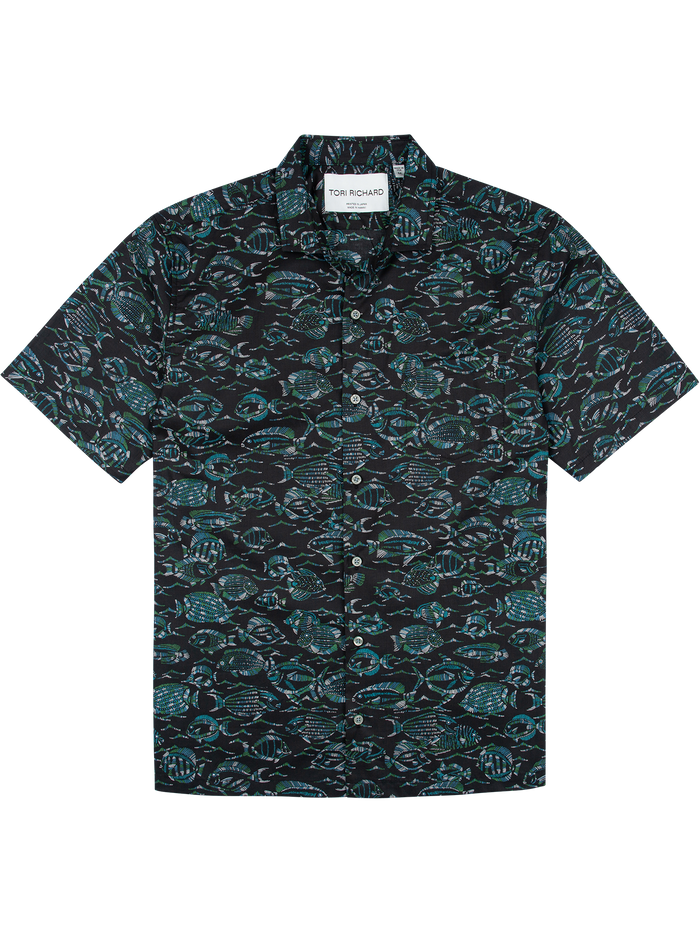 Black short-sleeve button-up shirt with blue and green fish print, front view (shown in Images 1 & 2).